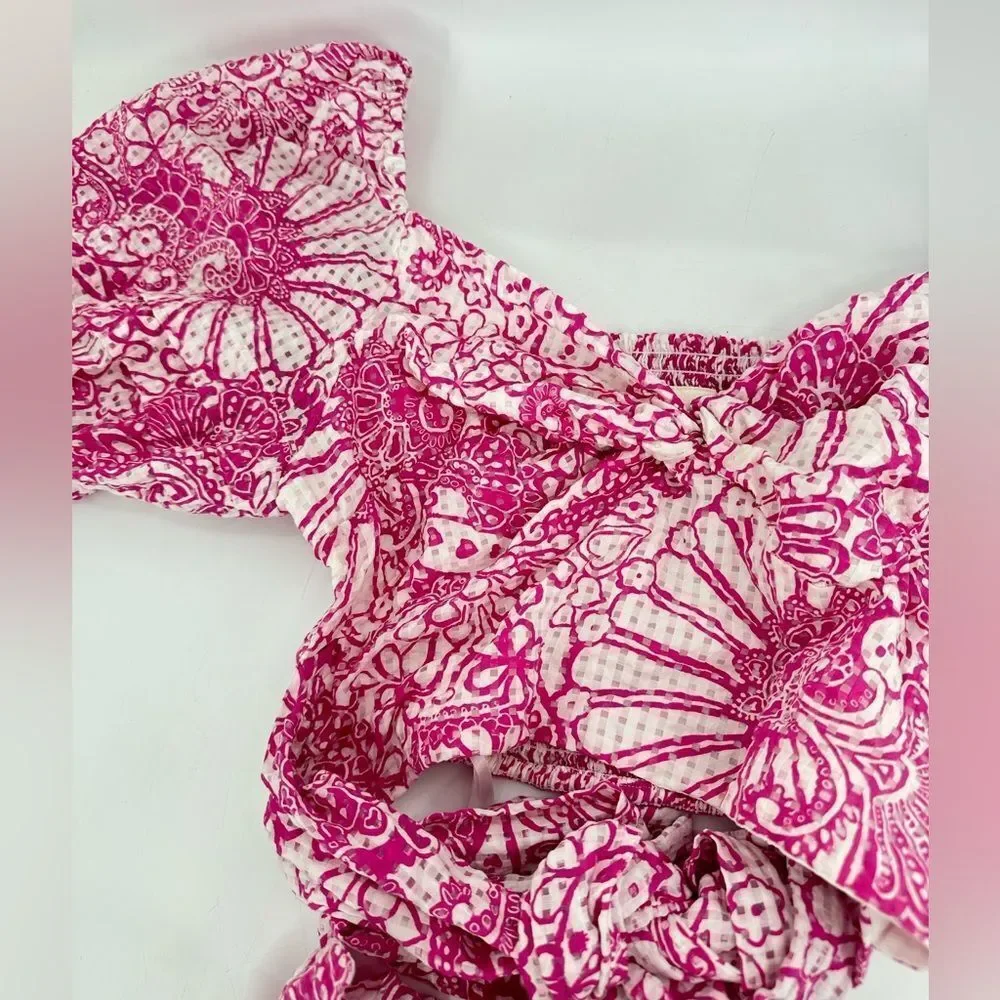 Anthropologie Pink & White Printed Puff-Sleeve Cropped Top